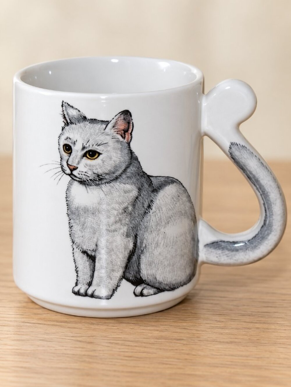 Gray Cat Coffee Mug with Tail Handle Vintage Cup